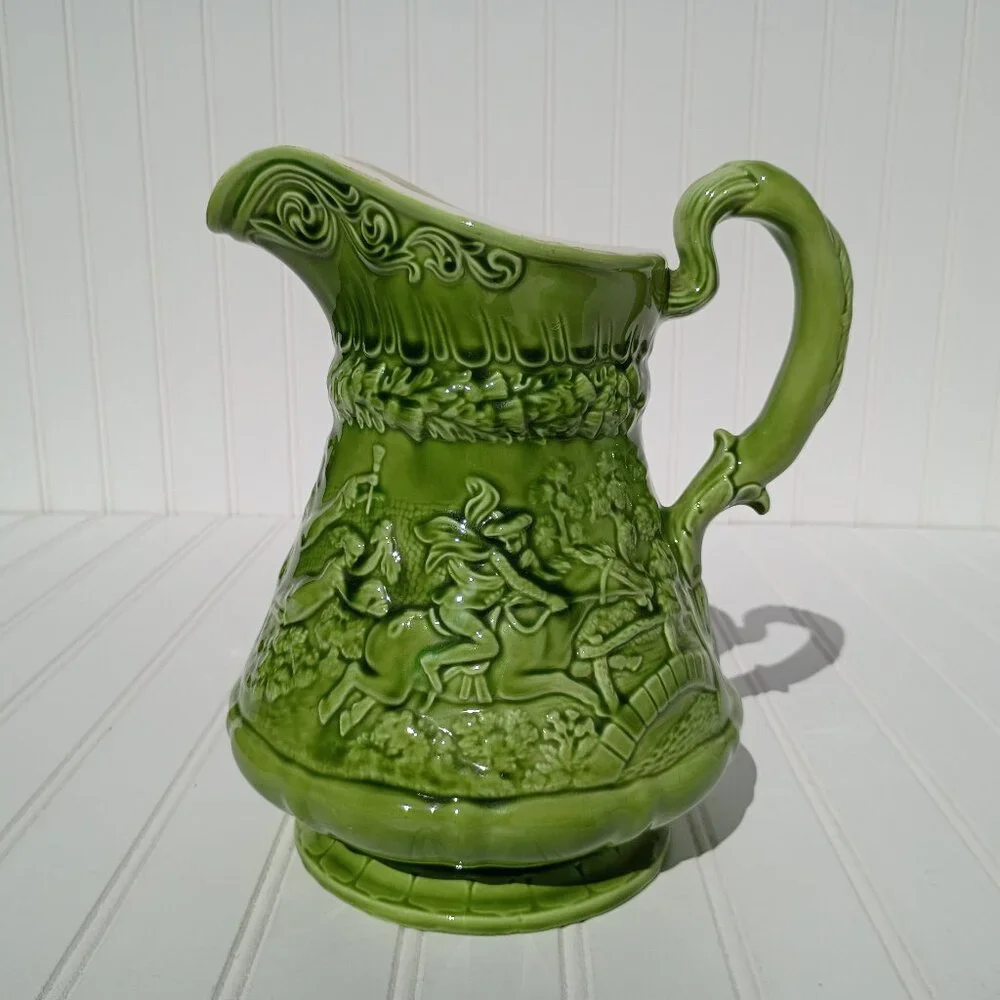 Mid-Century Green Pitcher Relief Pub Horse Scene Embossed Ceramic Signed 1971